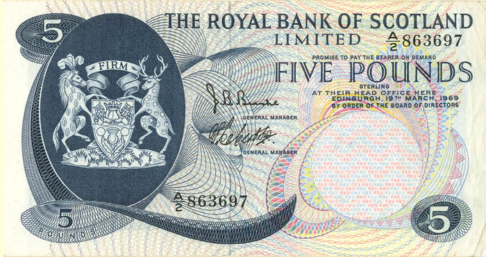 Scotland - 5 Pounds - P-330 - 1969 dated Foreign Paper Money